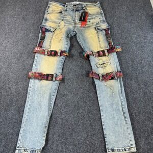 Preme Mens Light Wash Distressed Graffiti Strap Cargo Denim Jeans 32x32 NEW